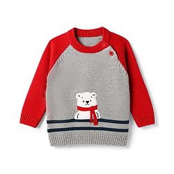 Babyhug Knit Full Sleeves Sweater Sets With Bear Applique - Red