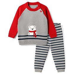 Babyhug Knit Full Sleeves Sweater Sets With Bear Applique - Red