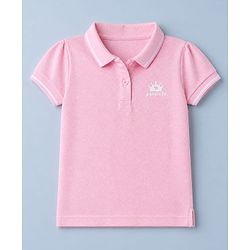 Babyhug Cotton Blend Knit Polo T-Shirt with Half Puffed Sleeves and Crown Patch - Light Pink