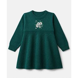 Babyhug Ribbed Knit Woollen Dress with Full Sleeves and Flowers Embroidery in Green