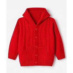 Babyhug Knit Full Sleeves Hooded Sweater with Cable Knit Design - Red