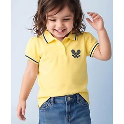 Babyhug Cotton Blend Knit Half Sleeves Polo T-Shirt with Tennis Rackets and Love & League Text Embroidery - Lemon Yellow