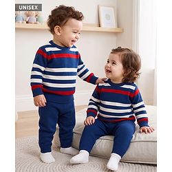Babyhug Knit Full Sleeves Striped Sweater Set - Blue