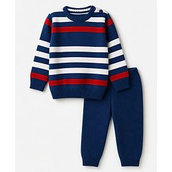 Babyhug Knit Full Sleeves Striped Sweater Set - Blue