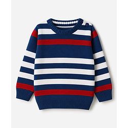 Babyhug Knit Full Sleeves Striped Sweater Set - Blue