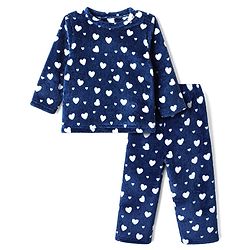 Babyhug Velour Knit Full Sleeves Co-ord T-shirt & Pyjama Winter Night Suit with Heart Print in Navy Blue