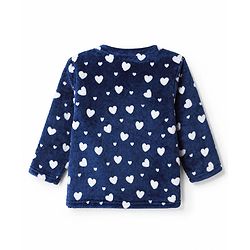Babyhug Velour Knit Full Sleeves Co-ord T-shirt & Pyjama Winter Night Suit with Heart Print in Navy Blue