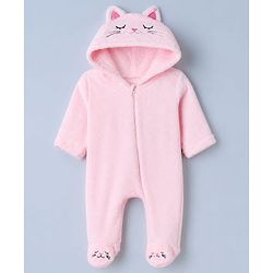 Babyhug Velour Knit Full Sleeves Hooded Winter Sleep Suit with KItten Print - Pink