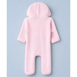 Babyhug Velour Knit Full Sleeves Hooded Winter Sleep Suit with KItten Print - Pink