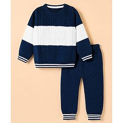 Babyhug Knit Full Sleeves Sweater and Pants Set with Stripe & Cable Knit Design - White & Navy