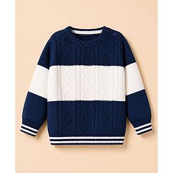 Babyhug Knit Full Sleeves Sweater and Pants Set with Stripe & Cable Knit Design - White & Navy