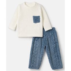 Babyhug Velour Knit Full Sleeves T-Shirt & Pajama Winter Night Suit - White & Blue