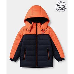 Babyhug Woven Padded Quilted Winter Full Sleeves Hooded Jacket - Orange & Navy Blue