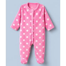 Babyhug Cotton Mixes Velour Knit Full Sleeves Winter Sleep Suit with Polka Dots Print - Pink