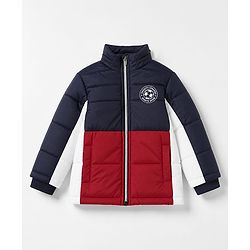 Babyhug Woven Padded Quilted Winter Full Sleeves Hooded Jacket with Soccer Ball Print - Red & Navy Blue