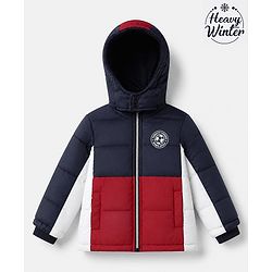 Babyhug Woven Padded Quilted Winter Full Sleeves Hooded Jacket with Soccer Ball Print - Red & Navy Blue