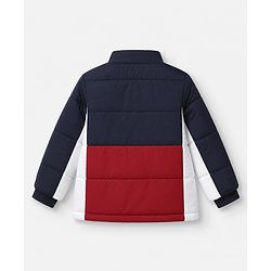 Babyhug Woven Padded Quilted Winter Full Sleeves Hooded Jacket with Soccer Ball Print - Red & Navy Blue