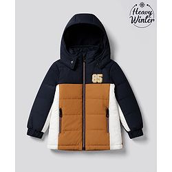 Babyhug Woven Padded Quilted Winter Full Sleeves Hooded Jacket with 85 Patch - Mustard & Navy Blue