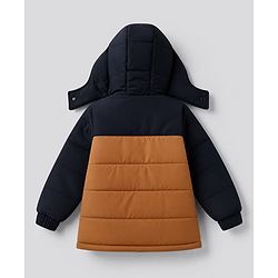 Babyhug Woven Padded Quilted Winter Full Sleeves Hooded Jacket with 85 Patch - Mustard & Navy Blue