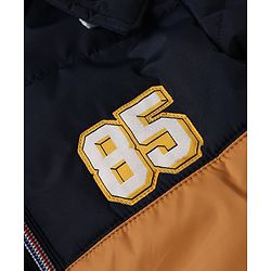 Babyhug Woven Padded Quilted Winter Full Sleeves Hooded Jacket with 85 Patch - Mustard & Navy Blue