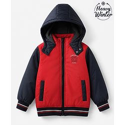 Babyhug Woven Padded Quilted Winter Full Sleeves Hooded Jacket with Chicago 23 Team Captain Print - Red & Navy Blue