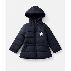 Babyhug Woven Full Sleeves Hooded Padded Quilted Winter Jacket With Star Patch - Navy Blue