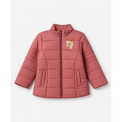 Babyhug Woven Padded Quilted Hooded Winter Jacket with Full Sleeves and Stars Print - Dark Pink