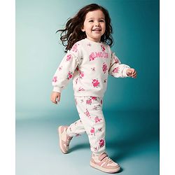 Babyhug 100% Cotton Terry Knit Full Sleeves Sweatshirt & Jogger Set With Floral Print & Amour Text Embroidered - Cream