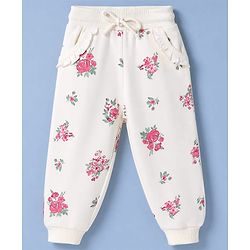 Babyhug 100% Cotton Terry Knit Full Sleeves Sweatshirt & Jogger Set With Floral Print & Amour Text Embroidered - Cream