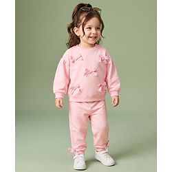 Babyhug 100% Cotton Terry Knit Full Sleeves Sweatshirt and Jogger with Lace Bow Applique - Pink