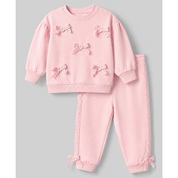 Babyhug 100% Cotton Terry Knit Full Sleeves Sweatshirt and Jogger with Lace Bow Applique - Pink
