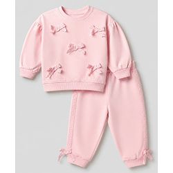 Babyhug 100% Cotton Terry Knit Full Sleeves Sweatshirt and Jogger with Lace Bow Applique - Pink