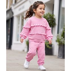 Babyhug 100% Cotton Terry Knit Full Sleeves Frill Detailing With Bow Embroidery Top and Jogger - Pink