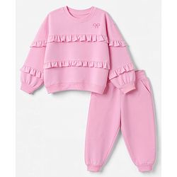Babyhug 100% Cotton Terry Knit Full Sleeves Frill Detailing With Bow Embroidery Top and Jogger - Pink