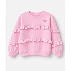 Babyhug 100% Cotton Terry Knit Full Sleeves Frill Detailing With Bow Embroidery Top and Jogger - Pink