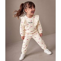 Babyhug 100% Cotton Terry Knit Full Sleeves Bow Printed Top And Bottomwear - Cream & Pink