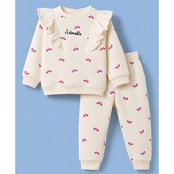 Babyhug 100% Cotton Terry Knit Full Sleeves Bow Printed Top And Bottomwear - Cream & Pink