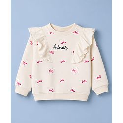 Babyhug 100% Cotton Terry Knit Full Sleeves Bow Printed Top And Bottomwear - Cream & Pink