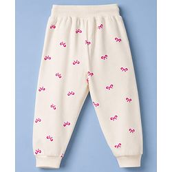 Babyhug 100% Cotton Terry Knit Full Sleeves Bow Printed Top And Bottomwear - Cream & Pink