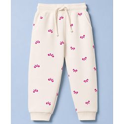 Babyhug 100% Cotton Terry Knit Full Sleeves Bow Printed Top And Bottomwear - Cream & Pink