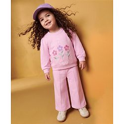 Babyhug 100% Cotton Terry Knit Full Sleeves Top & Pant Set With Floral Embroidery & Text Print - Pink