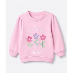Babyhug 100% Cotton Terry Knit Full Sleeves Top & Pant Set With Floral Embroidery & Text Print - Pink