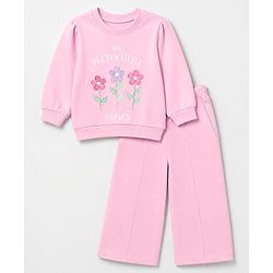 Babyhug 100% Cotton Terry Knit Full Sleeves Top & Pant Set With Floral Embroidery & Text Print - Pink