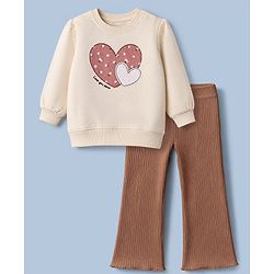 Babyhug Terry Knit Full Sleeves Top & Leggings Set With Heart Print - White & Brown
