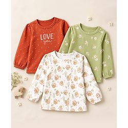 Babyhug 100% Cotton Interlock Knit T-Shirts with Full Puffed Sleeves and Polka Dots Floral & Love You Text Print Pack of 3 - White Olive Green Red