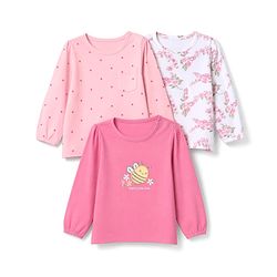 Babyhug 100% Cotton Knit Full Sleeves T-Shirts with Floral Print and Bee Embroidery Pack of 3 in Light Pink, White & Dark Pink