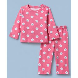 Babyhug Cotton Knit Full Sleeves Co-ord T-Shirt & Pajama Night Suit with Floral Print - Dark Pink