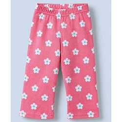 Babyhug Cotton Knit Full Sleeves Co-ord T-Shirt & Pajama Night Suit with Floral Print - Dark Pink
