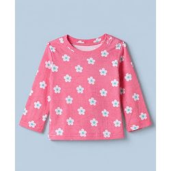 Babyhug Cotton Knit Full Sleeves Co-ord T-Shirt & Pajama Night Suit with Floral Print - Dark Pink