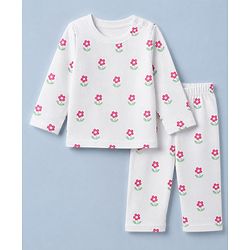 Babyhug Cotton Interlock Knit Full Sleeves Co-ord T-Shirt & Pajama Night Suit with Floral Print - White